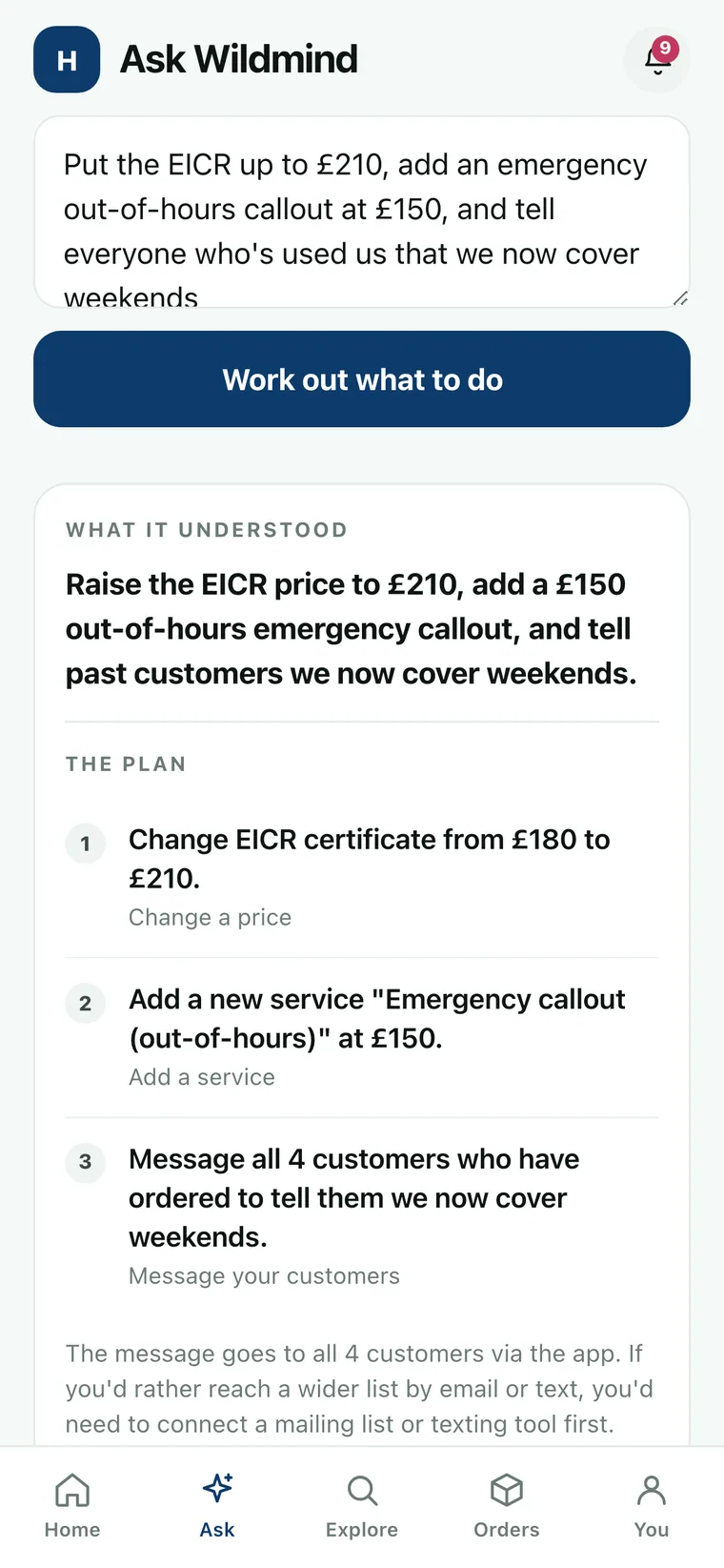 An order turned into a priced plan