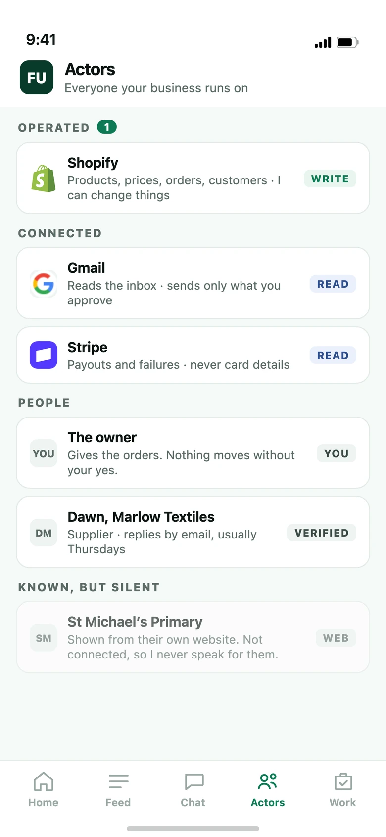 Actors screen: connected tools, people, and businesses that stay silent.