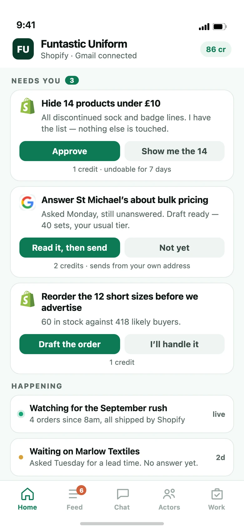 Home screen: three approvals waiting and two things happening.