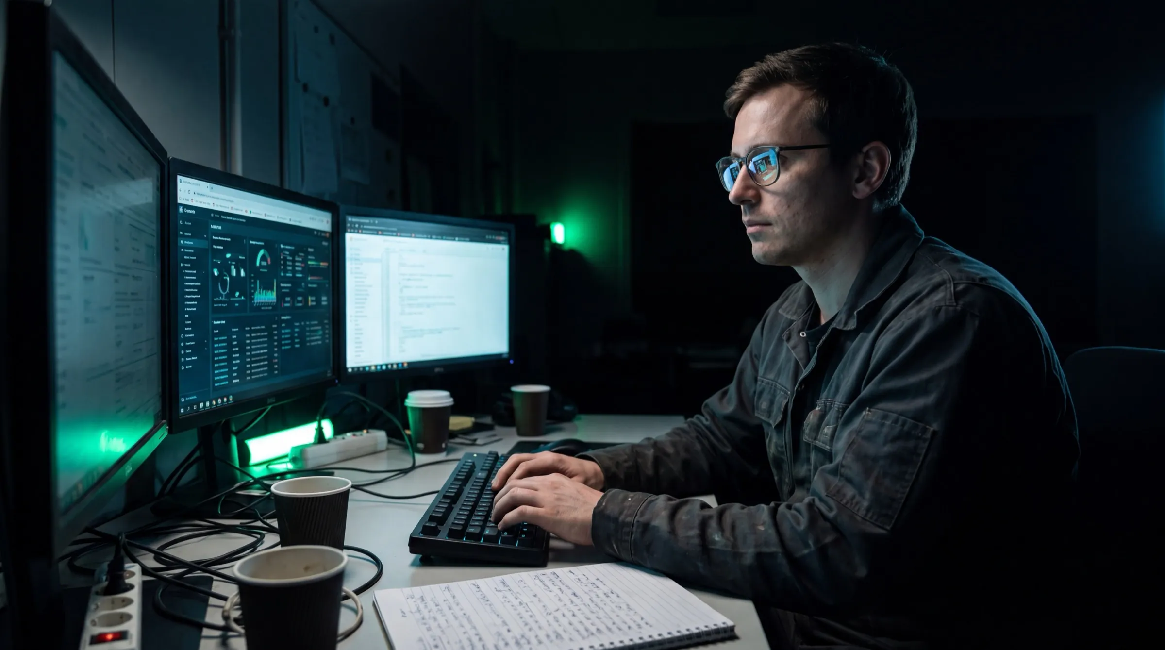 An operator working at night on a business system