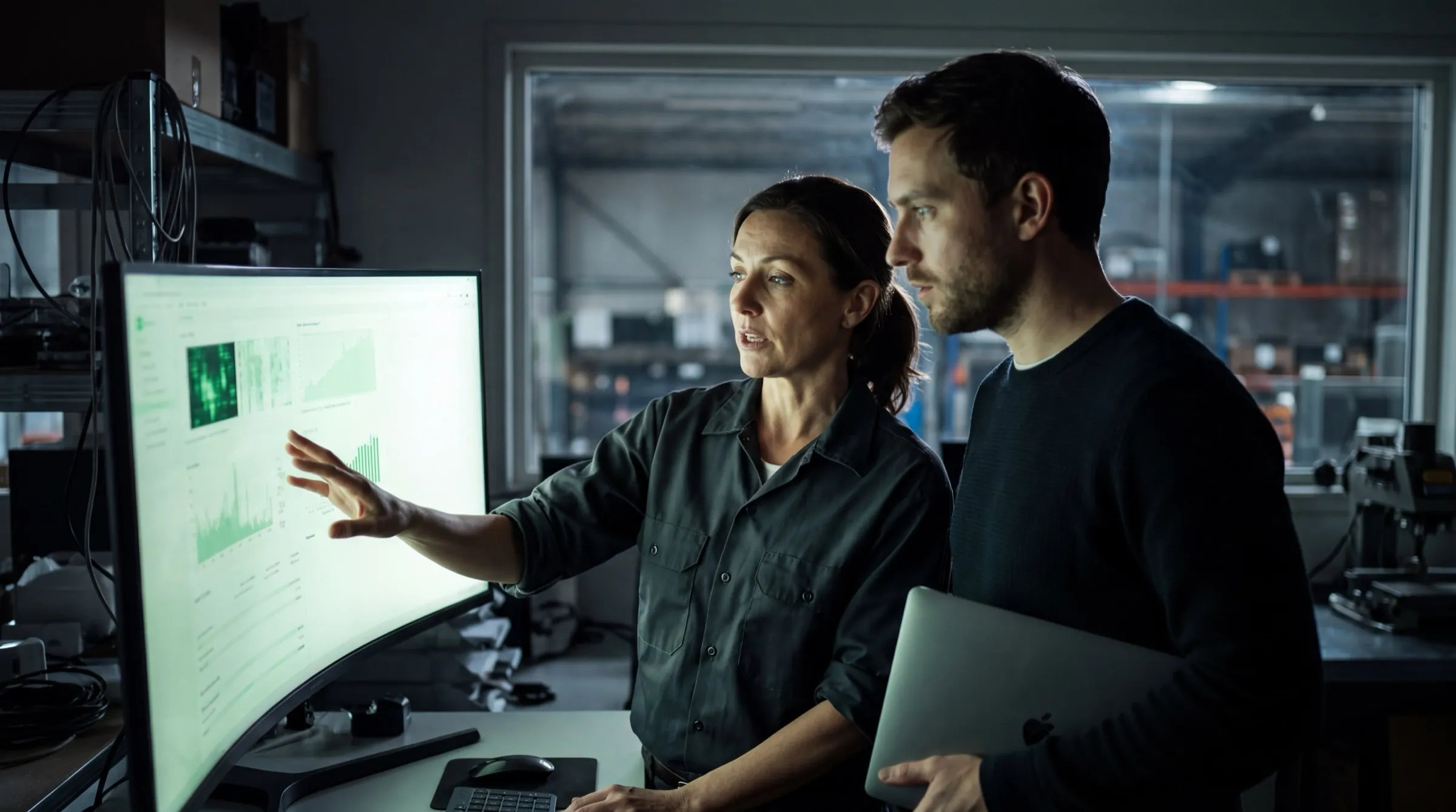 Two people working at one screen inside a business