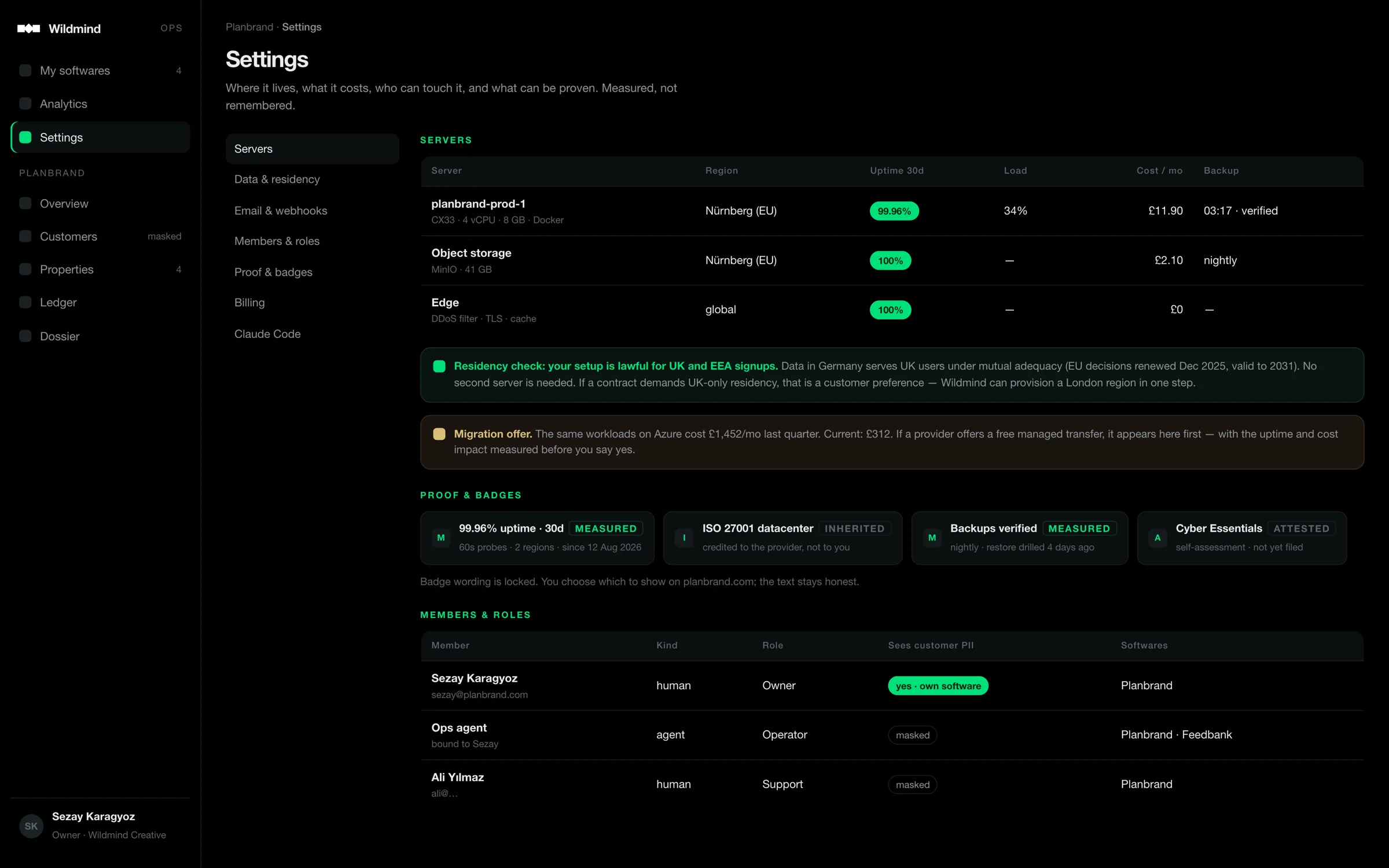 Settings: servers, residency, badges, members and roles